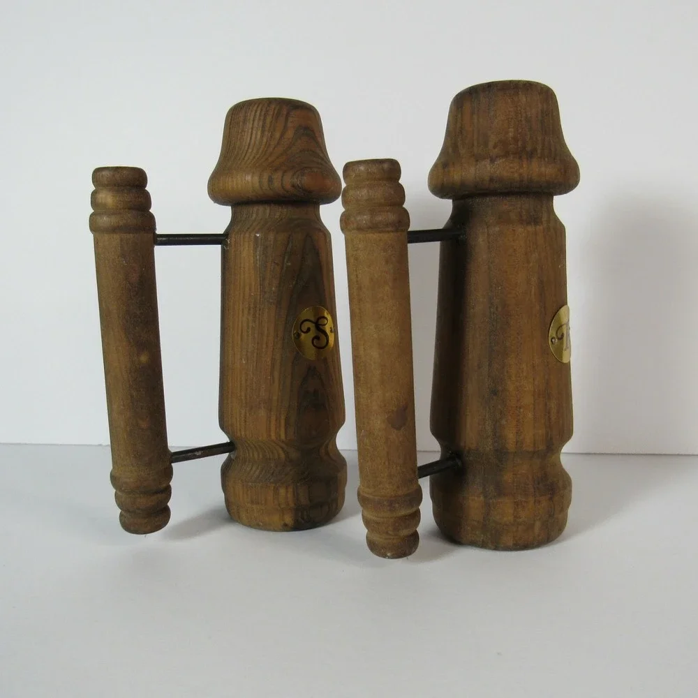 Vintage Large Wooden & Metal Salt & Pepper Shakers with handles VTG with plugs